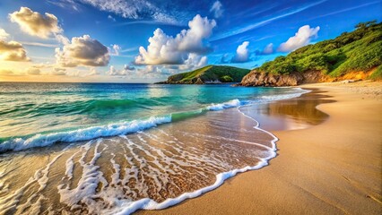 Calming ocean waves gently lapping at the shore of a secluded cove, water, nature, calm, sunlit