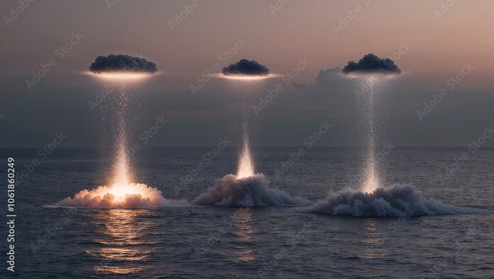 Poster mysterious clouds erupt with glowing bursts above the tranquil ocean at dusk