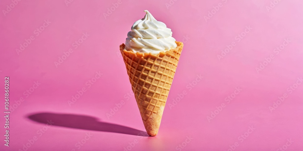 Poster A Single Soft Serve Ice Cream Cone with a Crispy Waffle Conical Shell Stands Upright Against a Delicate Pink Background