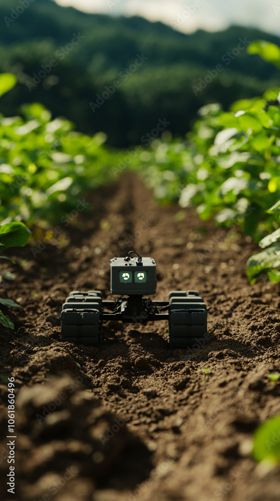 Poster autonomous farm robot navigating through crop rows, demonstrating the potential of ai and robotics i