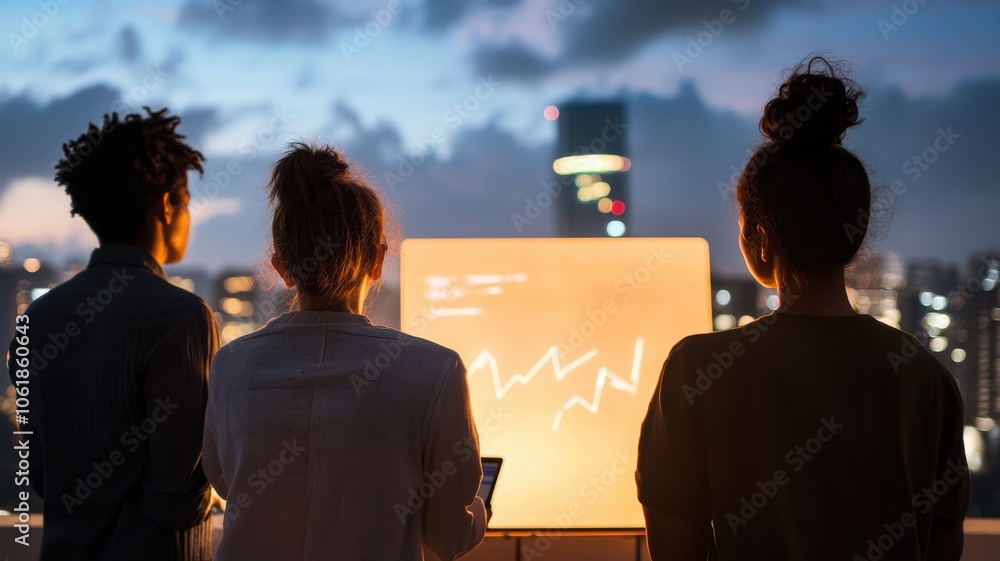 Poster three individuals view data analytics on a glowing screen against a city skyline at dusk, symbolizin