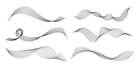 Linear halftone waves. Abstract liquid shapes, wave effect, isolated vector symbols, set. Halftone graphic lines, waves