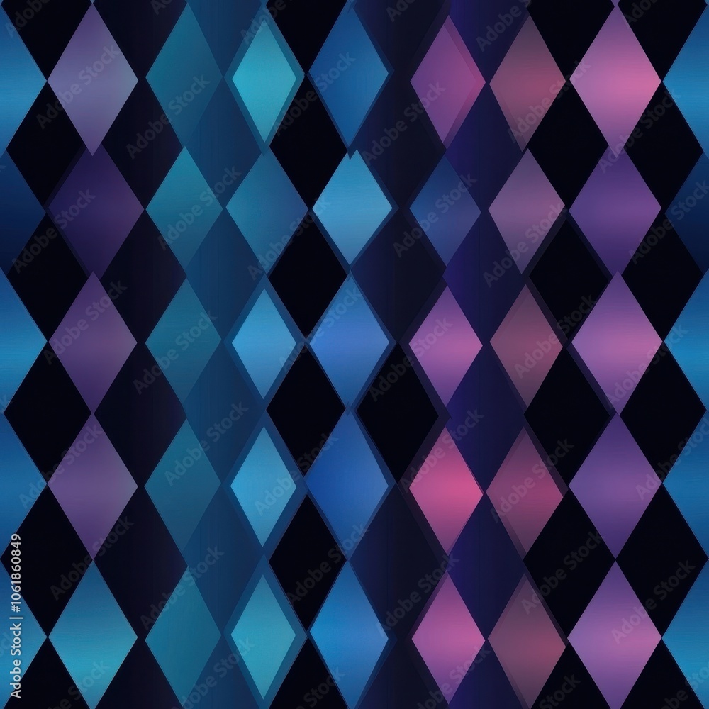 Poster a vibrant pattern of large diamond shapes in various shades of blue and purple set against a dark ba