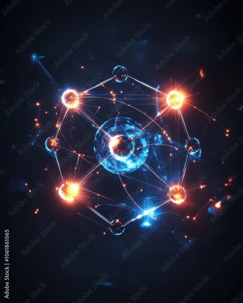 Poster Molecular structure visualization showcasing atomic connections and energy interactions in a dark digital environment