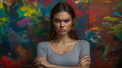 Intense woman posing against vivid abstract background