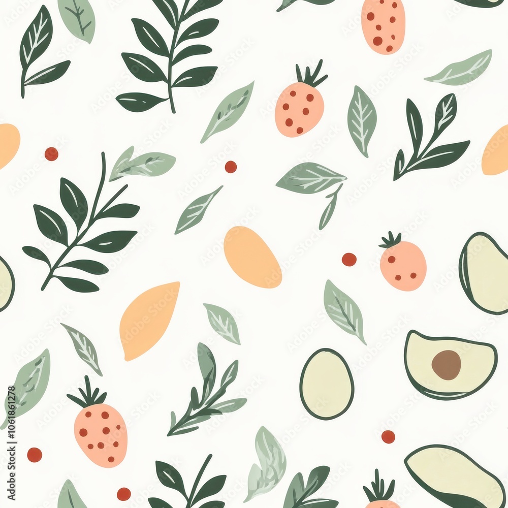 Poster a minimalist pattern featuring leafy greens and avocados in a bright and fresh design suitable for k