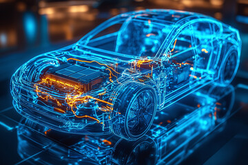 Transparent visible battery and components blue wireframe of a modern electric car with lithium battery pack.
