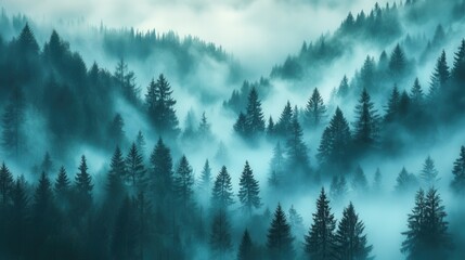Misty mountain landscape enveloped in low clouds during early morning hours, showcasing lush forests and serene tranquility