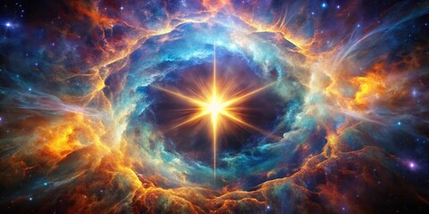 Close-up of a single star in the center of a stunning nebula with vibrant colors and swirling gas, interstellar, space, astronomy