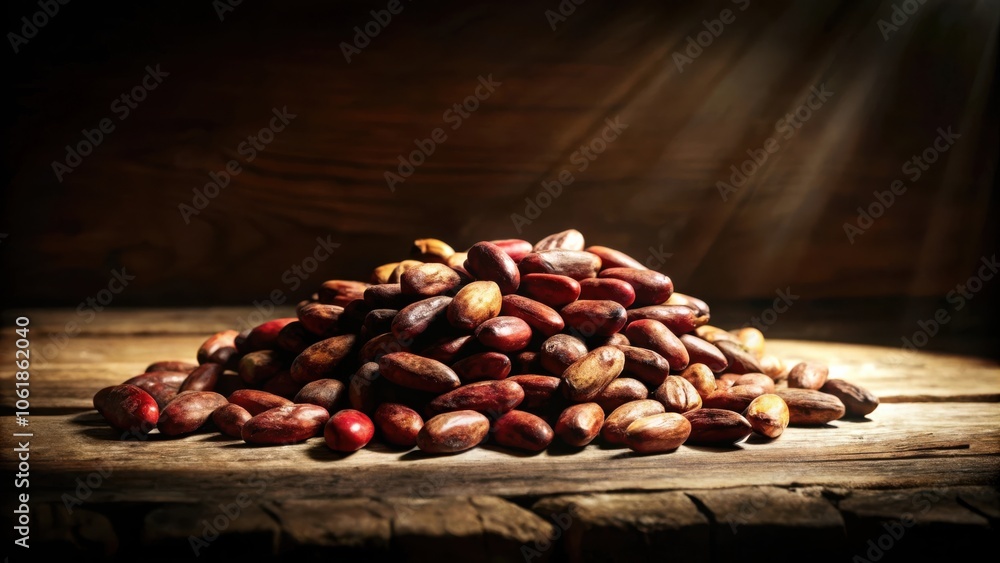 Poster A pile of  dark red seeds on a rustic wooden surface illuminated by a beam of light