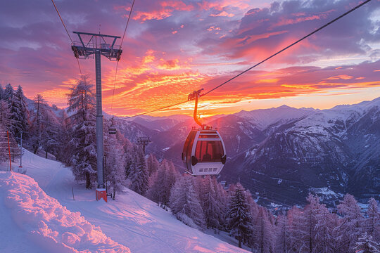 New modern spacious big cabin ski lift gondola stands out against sunset and snowcapped forest trees and mountain peaks covered in snow. Luxurious ski lift on sunset	