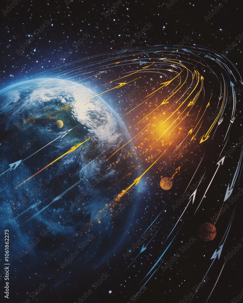 Poster a vibrant graphic representation of earth's position within the solar system, showcasing celestial m