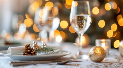 A beautifully set holiday table with sparkling lights, wine glasses, and festive decorations, creating a warm and inviting atmosphere.