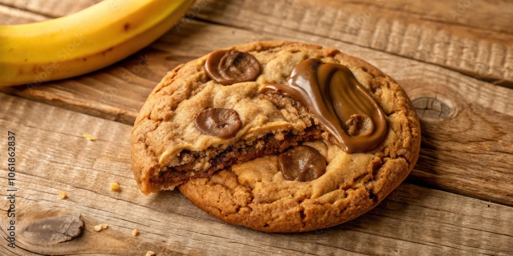 Aufkleber a partially eaten chocolate chip cookie with a generous dollop of caramel on top, resting on a rusti