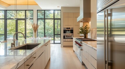 Modern luxury kitchen interior featuring light-colored cabinetry, glossy countertops, high-end kitchen appliances, and large fridge. Natural light complements the minimalist decor