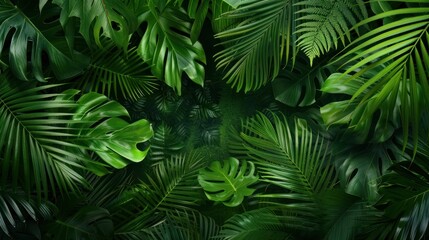 A vibrant display of lush green tropical leaves, creating a dense and textured foliage background.