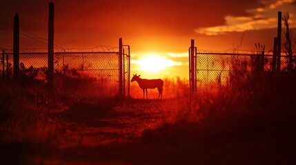 A serene sunset casts a warm glow over a fenced area as a lone deer stands peacefully in the dusk