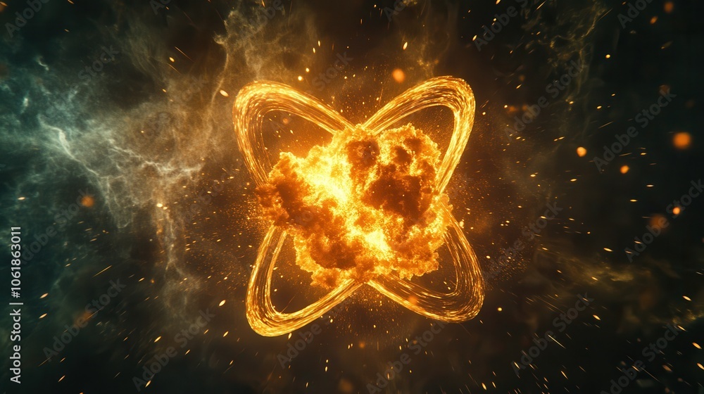 Poster A stunning depiction of an atom exploding with energy in a cosmic nebula during a dramatic cosmic event
