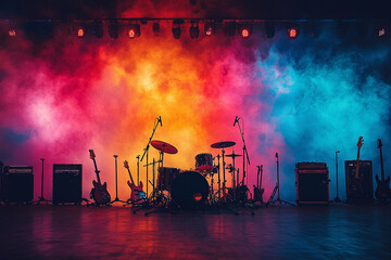 Obraz premium Concert stage on rock festival, music instruments silhouettes, colorful, neon, vibrant background with copy space 