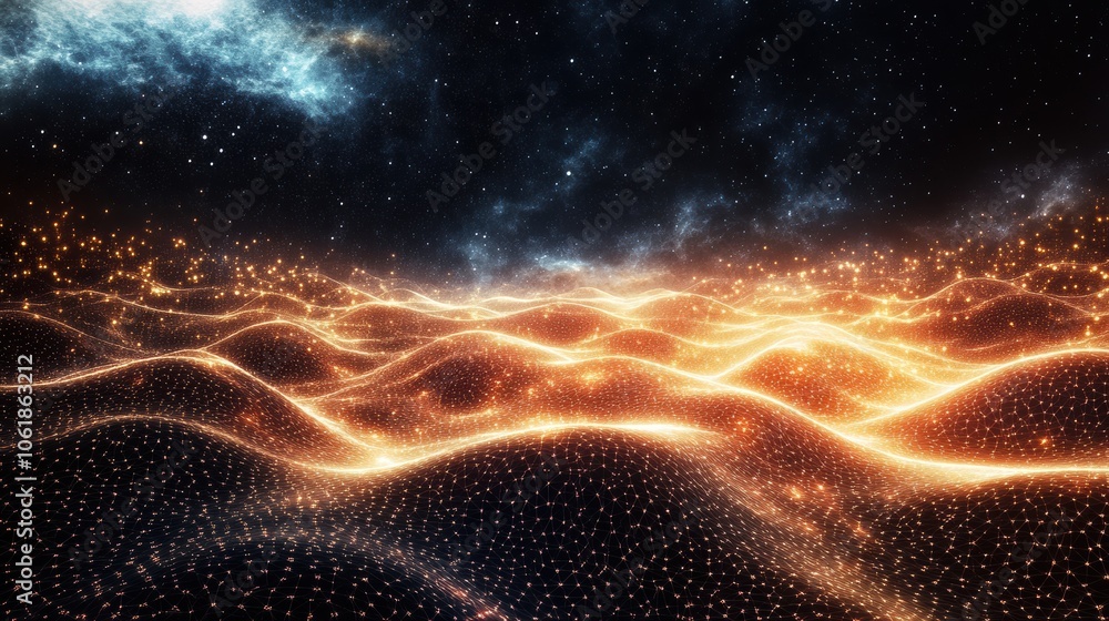Poster A captivating visual representation of the Higgs field showcasing waves of energy and particles in a cosmic landscape