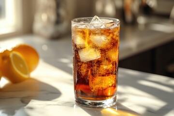 A Glass of Cola with Ice Cubes on a Marble Countertop