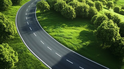 Aerial view of a curvy road surrounded by lush green trees
