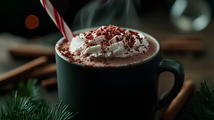 Close-up of a steaming cup of hot chocolate topped with whipped cream and candy cane, surrounded by pine branches and cinnamon sticks