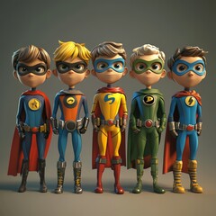 Naklejka premium Five Superhero Kids in Colorful Costumes