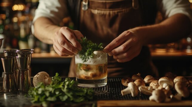 A skilled bartender garnishes a creative cocktail with fresh herbs in a lively cocktail bar during the evening