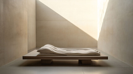 Minimalist single bed with thin blanket