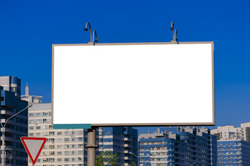 White billboard along the highway. Background for design and advertising. 