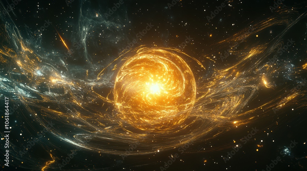 Poster a conceptual illustration depicting the higgs boson particle at the heart of the universe in a cosmi