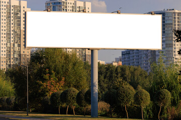 White billboard along the highway. Background for design and advertising. 