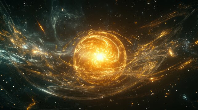 A conceptual illustration depicting the Higgs boson particle at the heart of the universe in a cosmic background