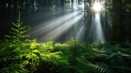 Sunlight streams through a dense forest, illuminating lush ferns and creating a serene, tranquil atmosphere.