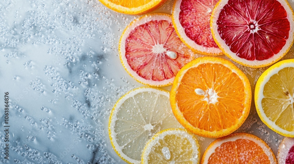 Poster brightly sliced citrus fruits arranged on a marble surface with droplets of water glistening in the 