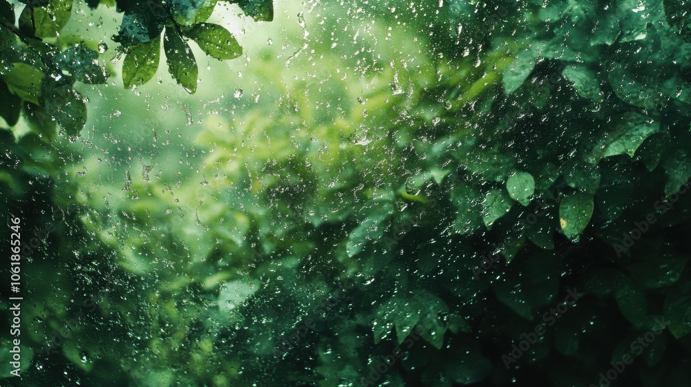 Poster raindrops create a serene atmosphere on a lush green windowpane during a refreshing summer rain