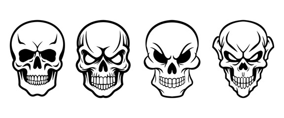 Set of Skulls isolated on white.Halloween elements. Vector illustration.