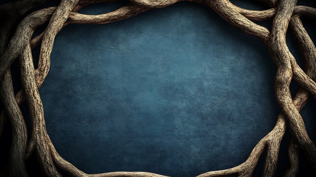 A circular frame of twisted tree branches against a textured blue background.