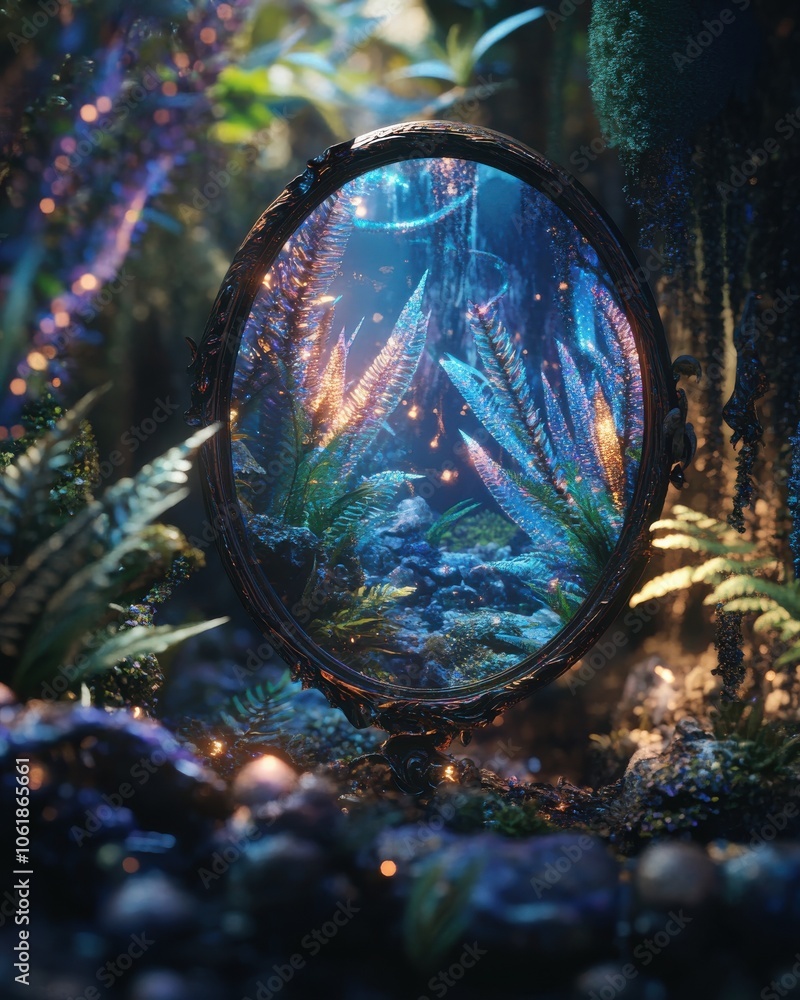 Poster a mystical mirror reflects vibrant foliage in an enchanting dreamscape forest filled with soft light