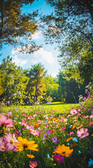 Obraz premium Vibrant wildflowers bloom along the border of a verdant golf course, adding a burst of color to the landscape