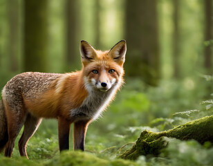 fox staring at the camera in a green forest