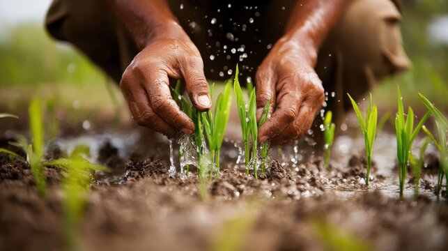 A farmer's hands carefully planting young rice seedlings in the muddy soil of a field during the growing season