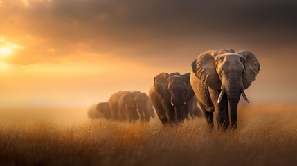 A serene sunset scene depicting a line of elephants walking through tall grass, showcasing the beauty of wildlife in a tranquil environment.