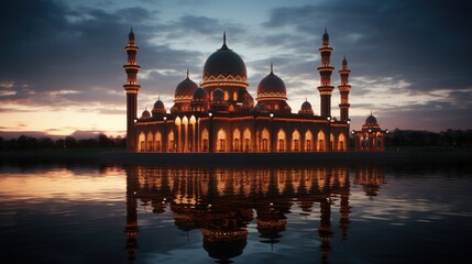 Obraz premium Ramadan mosque with night afterglow sky with crescent, neural network generated image 