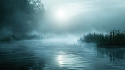 Fototapeta premium A tranquil misty landscape with calm water reflecting a soft light, evoking a serene and peaceful atmosphere.