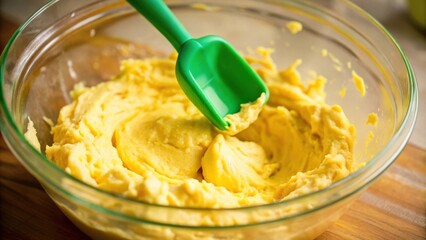 A close-up of a mixing bowl filled with a bright yellow, smooth and creamy batter, featuring a green spatula that has been used to mix the batter.