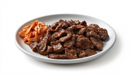 Korean Bulgogi with Kimchi on a White Plate