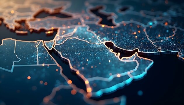 Abstract map of Saudi Arabia, Middle East and North Africa, concept of global network and connectivity, data transfer and cyber technology, information exchange and telecommunication