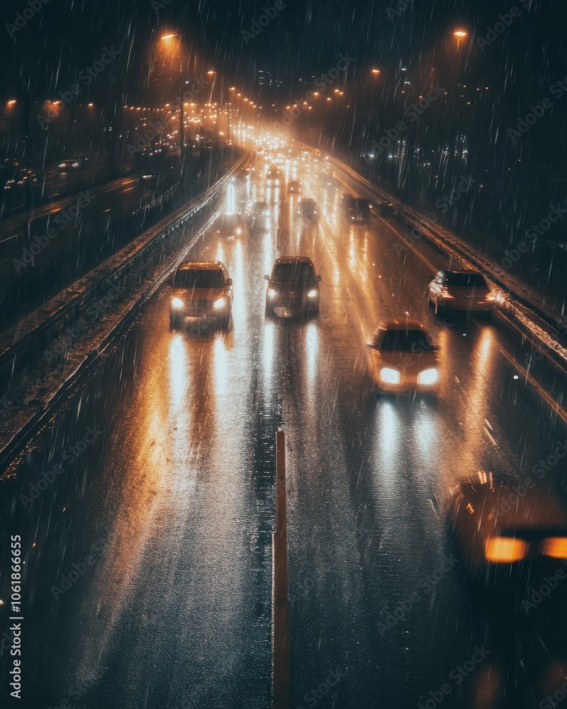 Poster aerial view of a busy highway during rain at night with illuminated cars and reflections on wet asph